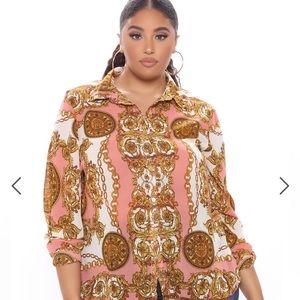 Printed pink combo button up shirt